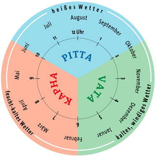 Grafik der Dosha-Uhr nach Ayurveda mit Vata, Pitta und Kapha im Tagesverlauf